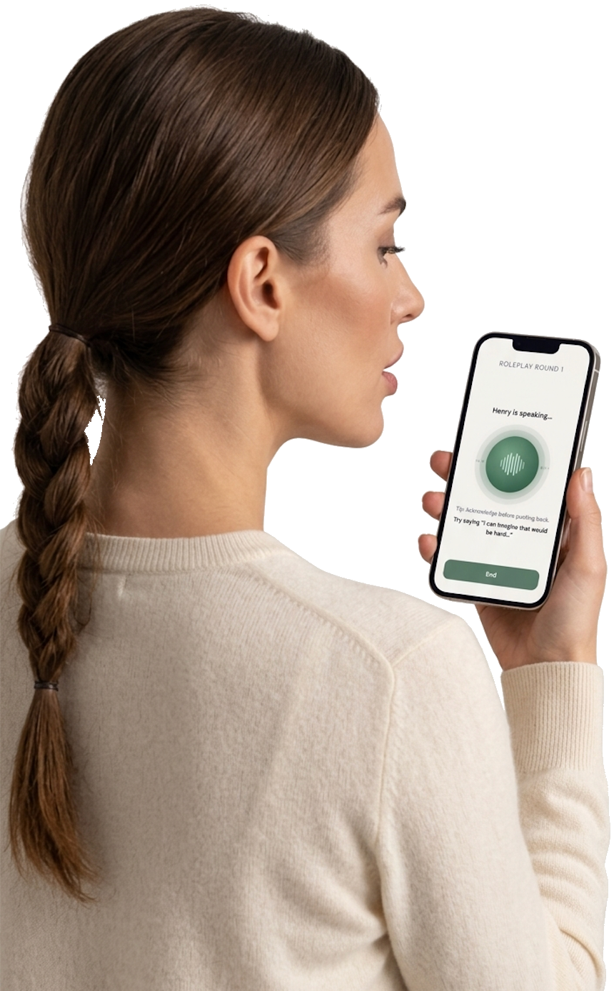Woman practicing a hard conversation with the Dryrun app